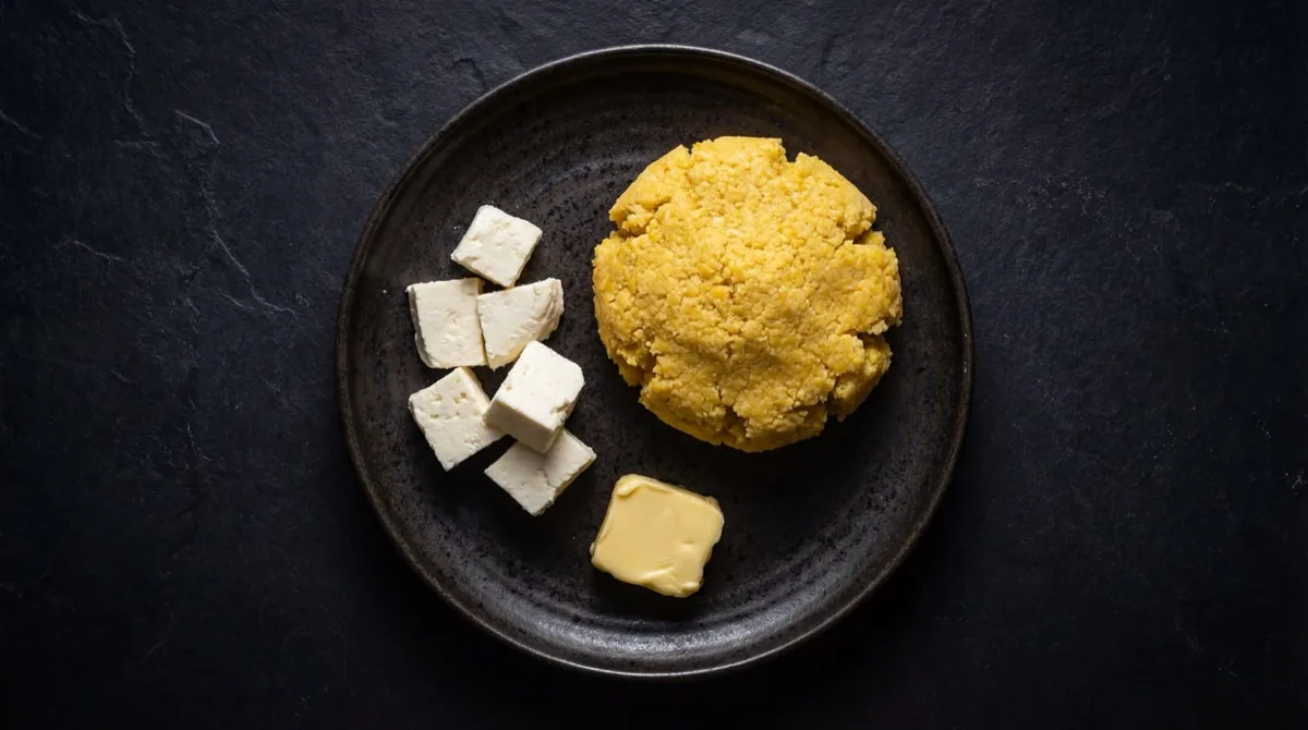 Ingredientes de la arepa de choclo: mazorcas de maiz tierno fresco, queso campesino en tajadas, mantequilla derretida y azucar blanca