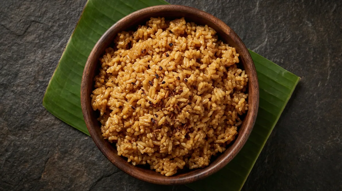Arroz con coco colombiano tradicional de la costa caribe servido en plato de barro