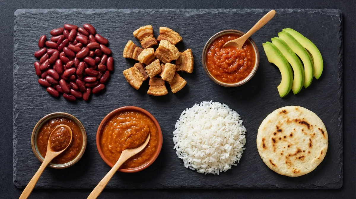 Ingredientes de la cazuela de frijoles: frijoles rojos, zanahoria, platano verde, cebolla, ajo, tomate y chicharron