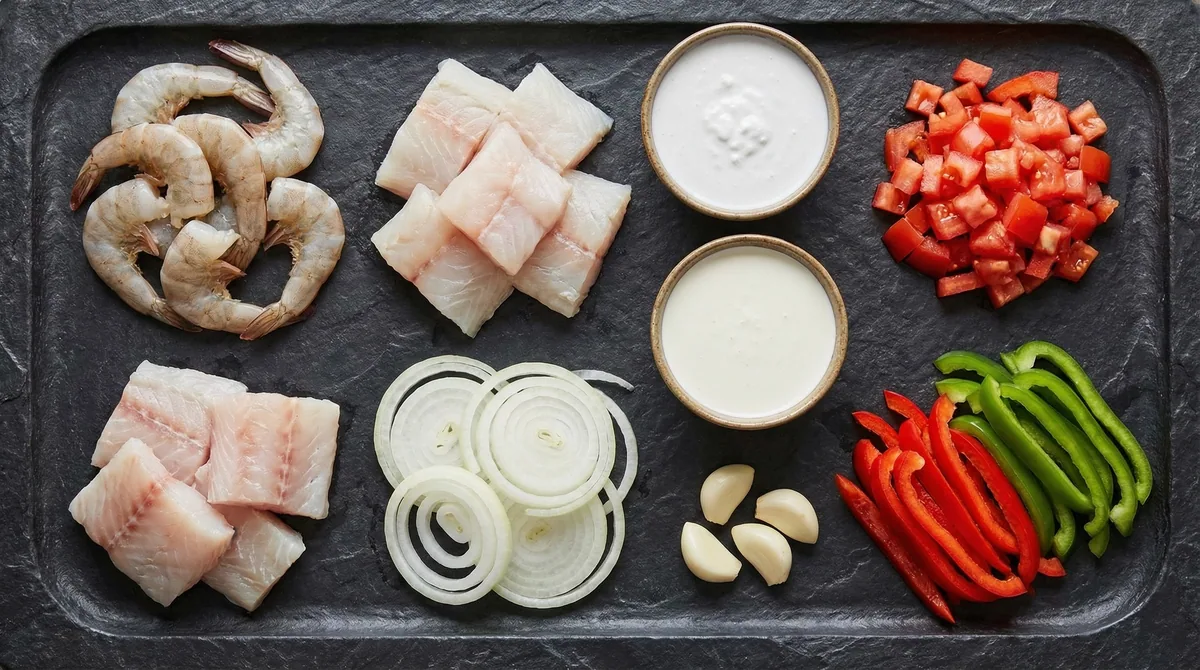 Ingredientes de la cazuela: camarones, pescado, calamar, langostinos, leche de coco, platano y vegetales
