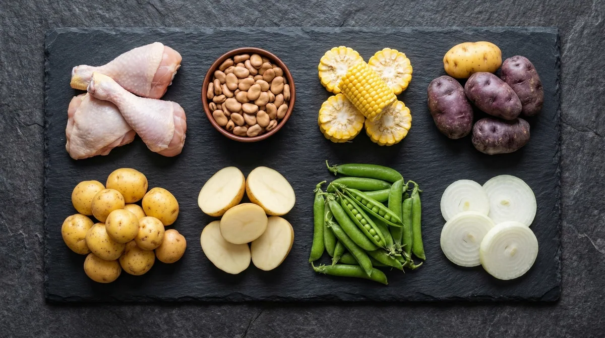 Ingredientes del cocido boyacense: cubios, rubas, chuguas, nabos, habas, costilla, papa y mazorca