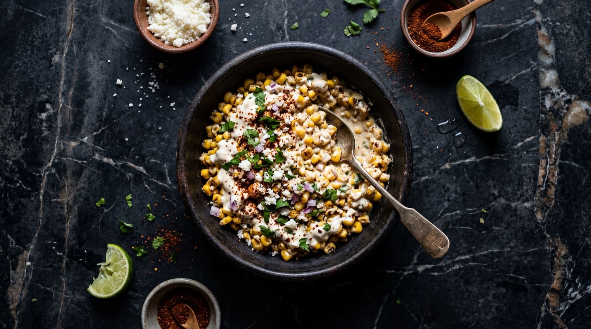 Esquites mexicanos en vaso con mayonesa, chile en polvo rojo, queso cotija rallado y limon verde sobre superficie de granito negro